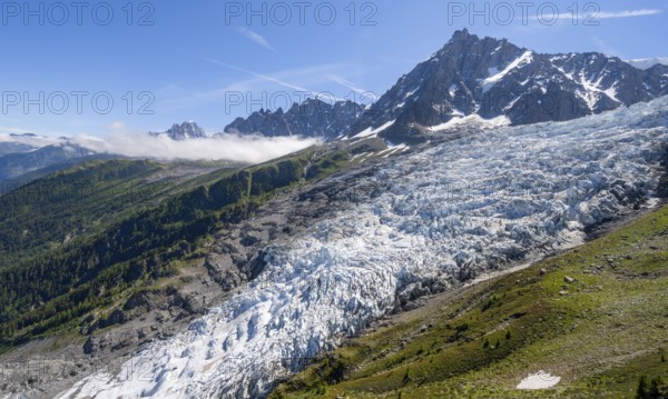 Mountain landscape with glacier Glacier des Bossons and summit of the Aiguille du Midi, Chamonix, Haute-Savoie, France, Europe