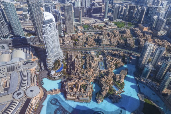 UAE, Dubai panoramic skyline view from Burj Khalifa of city downtown and Dubai Mall