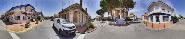 360 degree panorama of a road junction in the town centre of Soulac-sur-Mer, Gironde, Nouvelle-Aquitaine, France, Europe