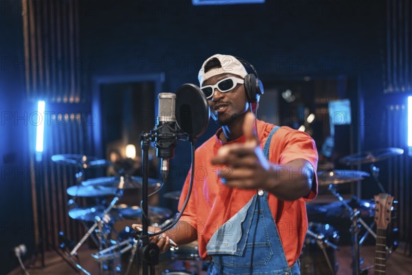 Talented musician recording vocals, pointing at you, wearing trendy sunglasses and cap, creating new music in a modern studio