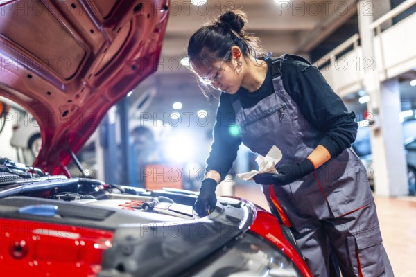 Young woman mechanic inspecting the engine oil level of a red car while working diligently in an auto repair shop environment