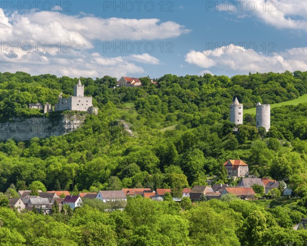 View of Rudelsburg castle ruins, Saaleck castle and Kreipitzsch manor, in the Saale valley, near Bad Kösen, Saxony-Anhalt, Germany, Europe