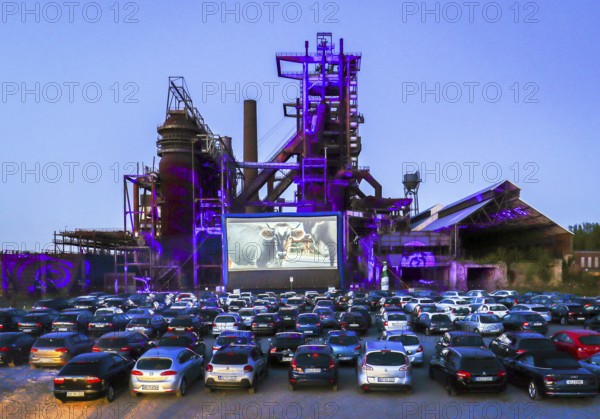 Dortmund, Ruhr area, North Rhine-Westphalia, Germany - Drive-in cinema Dortmund, newly opened drive-in cinema in front of the former blast furnace plant Phönix-West in times of the Corona pandemic with contact ban