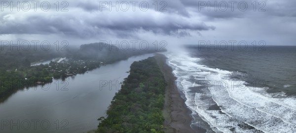 Aerial view, beach and sea, coast with rainforest, Tortuguero National Park, Costa Rica, Central America