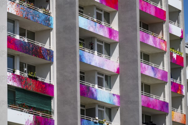 Newly designed façade, balconies, of a residential tower block in Essen-Steele Henglerstraße, after refurbishment North Rhine-Westphalia, Germany, Europe