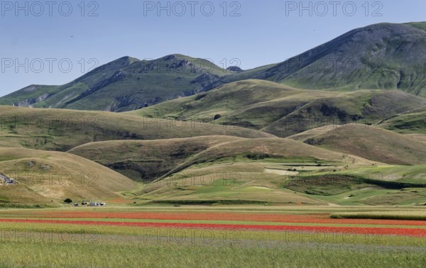 Mountain landscape on the edge of the Pian Grande di Castelluccio di Norcia plateau in the Monti Sibillini National Park in the Umbrian-Marche Apennines. Castelluccio di Norcia, Umbria, Italy, Southern Europe, Europe