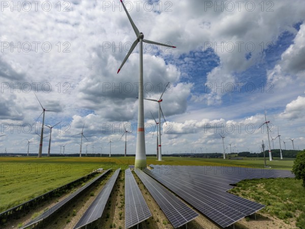 Wind farm near Marsberg, photovoltaic system, utilisation of land for renewable energies, Hochsauerlandkreis, North Rhine-Westphalia, Germany, Europe