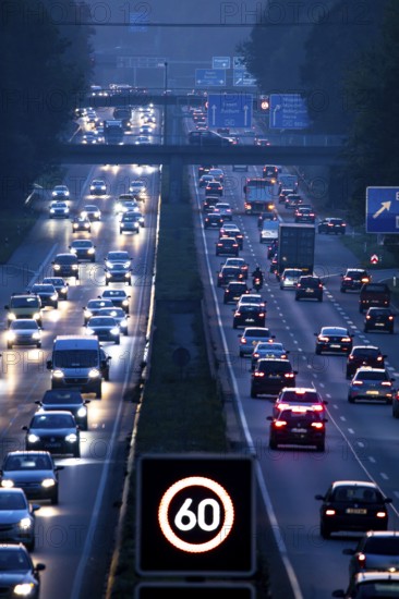 Motorway A40, Ruhrschnellweg, near Bochum, heavy evening traffic, in front of the motorway junction Bochum, A43, view in west direction