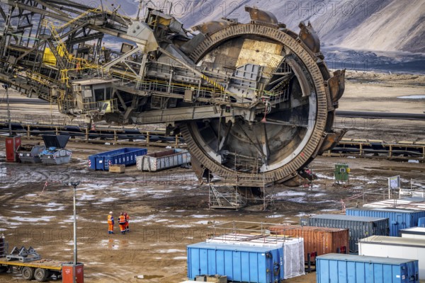 Garzweiler opencast lignite mine, bucket wheel excavator undergoing maintenance and repair, near Jüchen, North Rhine-Westphalia, Germany, Europe