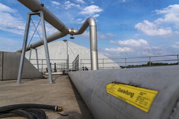 Biogas plant, gas storage, with dome, use of solid manure as energy source, gas pipelines, on a farm near Lippling, close to Delbrück in East Westphalia, in the district of Paderborn, 1.5 megawatts of electrical power, production of district heating for homes in the region, North Rhine-Westphalia, Germany, Europe