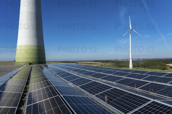 Wind farm near Bad Wünneberg, solar plant, Ostwestfalen Lippe, North Rhine-Westphalia, Germany, Europe