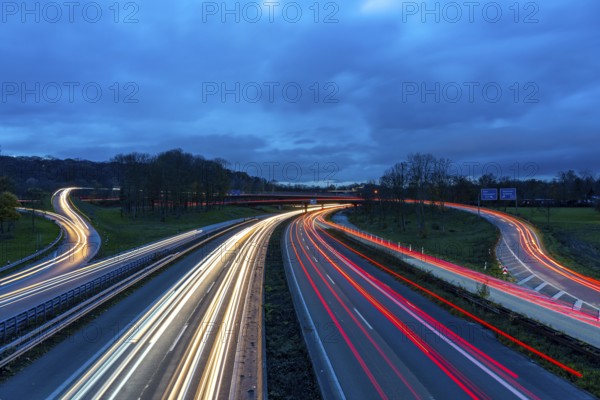 The Kaiserberg motorway junction, A40 motorway, Ruhr expressway, crosses the A3, bridge landscape, motorway bridges and railway bridges, called Spagetti junction, Duisburg, North Rhine-Westphalia, Germany, Europe