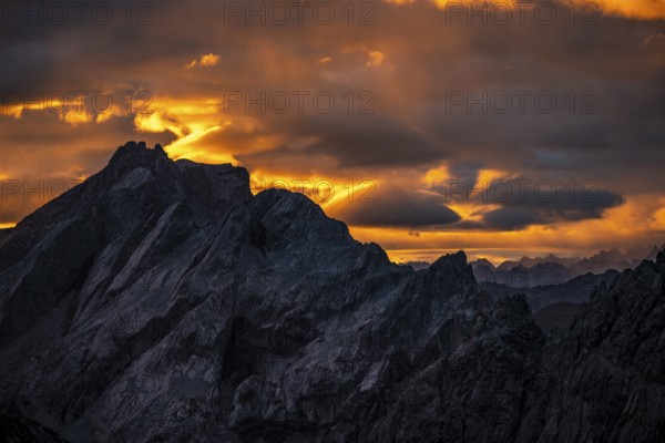 Montafon mountains with dramatic cloudy sky at sunrise, Tschagguns, Rätikon, Montafon, Vorarlberg, Austria, Europe