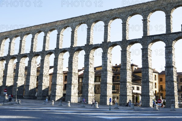 Roman aqueduct at the Plaza de Azoguejo, Segovia, province of Segovia, Castile and Leon, Spain, Europe