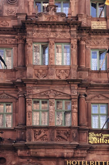 Multi-storey bay window of the Haus zum Ritter, Renaissance building built in 1592 since 1705 Inn, Hauptstr. 178, Heidelberg, Baden-Württemberg, Germany, Europe