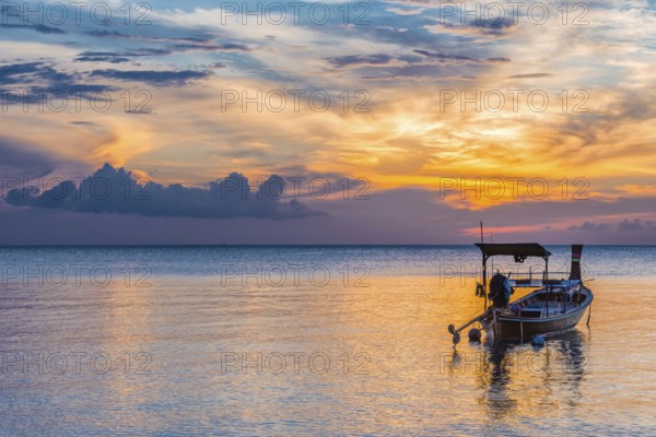 Longtail boat in the sunset, boat, sun, evening mood, cloudy sky, colourful, orange, wooden boat, sea, calm, tranquillity, emotion, journey, holiday, beach, tourism, holiday mood, holiday paradise, paradise, evening sky, romantic, cloud, sky, dream holiday, coast, wanderlust, seascape, seascape, serenity, mood, symbolic, dusk, silhouette, light, weather, climate, Thailand, Asia
