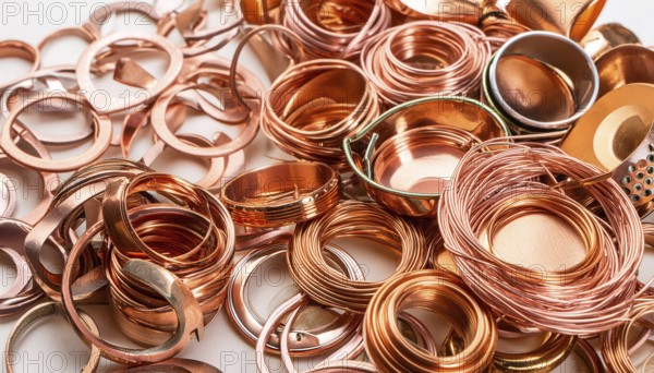 Material, metal, copper, a large amount of copper metal waste on a stockpile for recycling