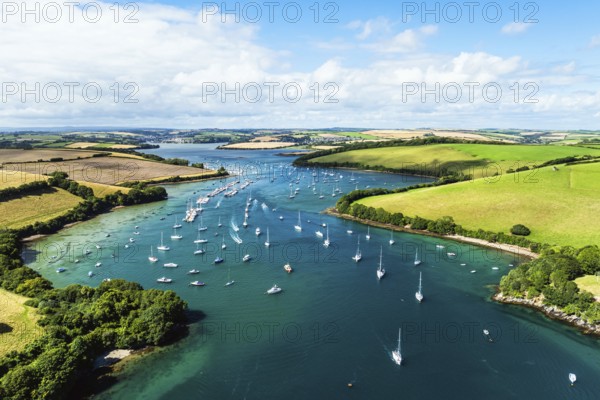 Salcombe and Mill Bay over Kingsbridge Estuary from a drone, Batson Creek, Southpool Creek, Devon, England, United Kingdom, Europe