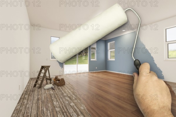 Before and after of man using A paint roller to reveal newly remodeled room with fresh green paint, coffered ceiling and new floors