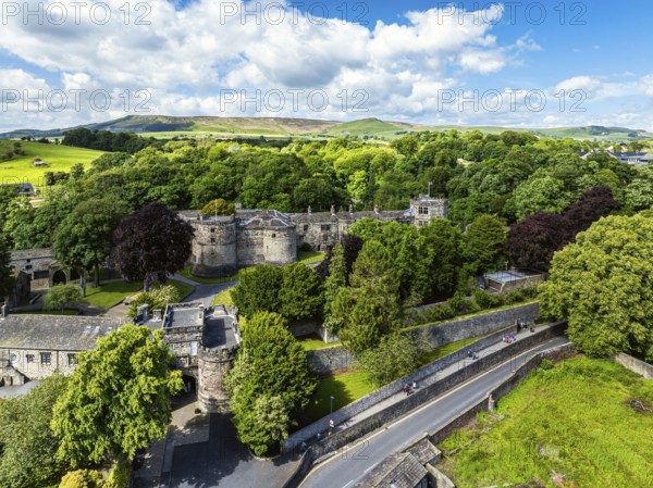 Skipton Castle from a drone, North Yorkshire, England, United Kingdom, Europe