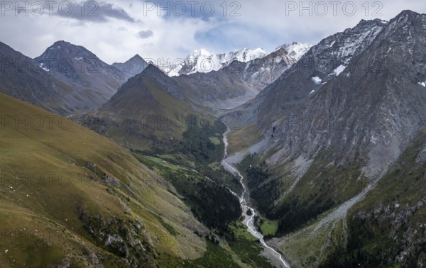 Aerial view, Green Mountain Valley, Chon Kyzyl Suu, Tien-Shan Mountains, Kyrgyzstan, Asia