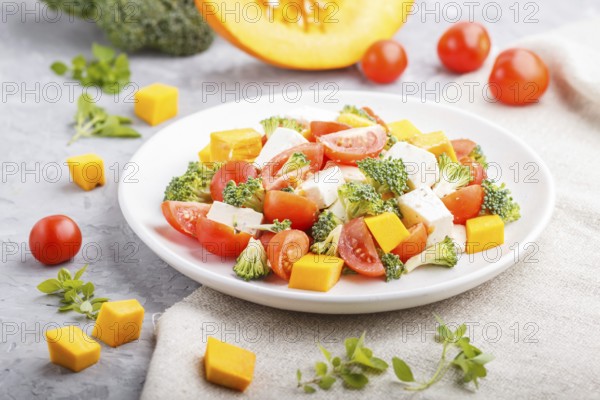 Vegetarian salad with broccoli, tomatoes, feta cheese, and pumpkin on white ceramic plate on a gray concrete background and linen textile, side view, close up, selective focus