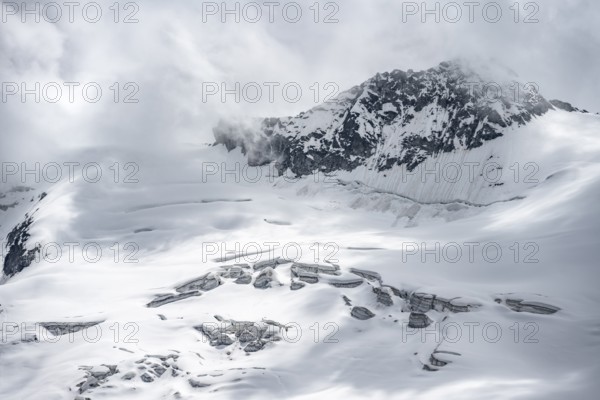 Snow and glacier ice with crevasses on the Waxeggkees glacier, Berliner Höhenweg, Zillertal Alps, Tyrol, Austria, Europe