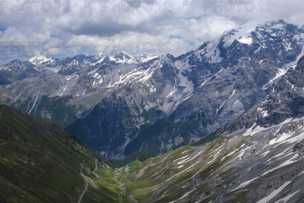 Stilfserjoch, Vinchgau, South Tyrol, Italy, mountain landscape on the Ortler, Italian Alps, snowy landscape on the Stilfser Joch pass road The Ortler Alps in Vinschgau with their almost 100 glaciers are a mountain massif about 50 kilometres long and 40 kilometres wide, Europe