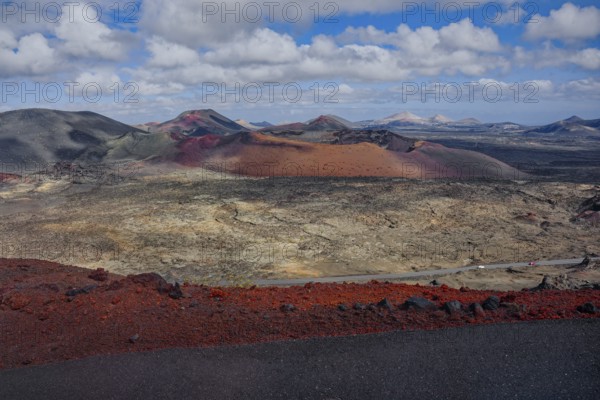Volcanic landscape of the Fire Mountains, Montañas del Fuego, Timanfaya National Park, Lanzarote, Canary Islands, Canary Islands, Spain, Europe
