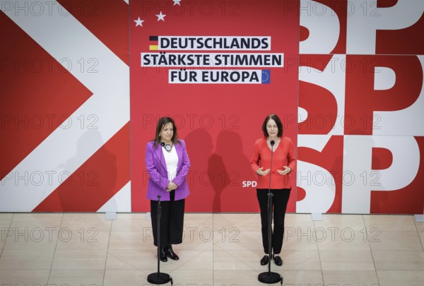 (R-L) Katarina Barley, SPD politician and Member of the European Parliament and Iratxe Garcv?a Pv©rez, leader of the Spanish Progressive Alliance of Socialists and Democrats parliamentary group, pictured during a press conference at the Willy Brandt House in Berlin, 8 April 2024
