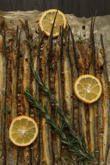 Fried fish, sargan, black sea pike, top view, close-up, no people