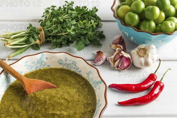 Tkemali sauce, traditional Georgian cuisine, green cherry plum, with ingredients for sauce, cilantro, mint, hot pepper, garlic, on a white wooden table, close-up, rustic, food background, no people, selective focus, sauce, green sauce, tkemali, georgian cuisine, homemade