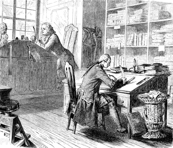 Friedrich's years of service in the Küstrin War and Domain Chamber, Prussian history, writing chamber, desks, files, books, work, service, pen, Poland, historical illustration 1882, Europe