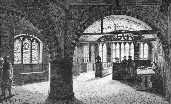 Ratslaube in Lüneburg, Lower Saxony, Germany, town hall, interior, vault, table, benches, wall painting, leaded windows, historical illustration 1880, Europe