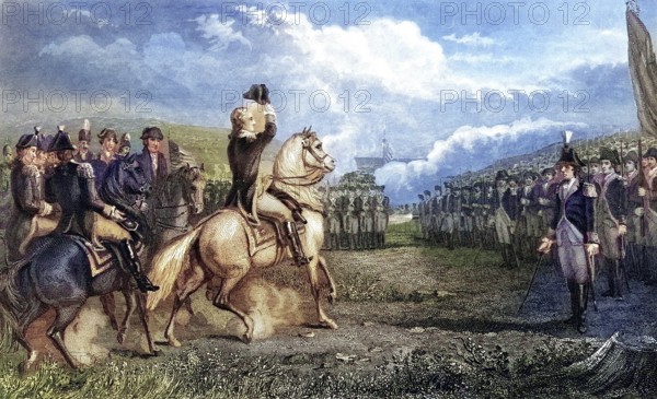 Washington takes command of the army in Cambridge Massachusetts USA 1775, George Washington, 1732-1799, First President of the United States, After a 19th century print by J Rogers after Wageman, Historic, digitally restored reproduction from a 19th century original, Record date not stated