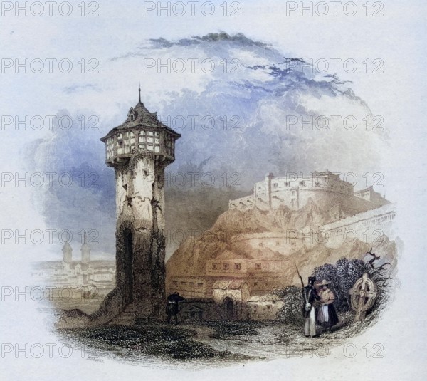 The Roman tower in Thal, Ehrenbreitstein, Germany, Historical, digitally restored reproduction from a 19th century original, Record date not stated, Europe