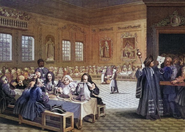 Industrie und Müßiggang Der fleißige Prinz wird reich und ist Sheriff von London, Industry and Idleness The industrious prentice grown rich and sheriff of London From the original design by Hogarth from The Works of Hogarth published London 1833, Historic, digitally restored reproduction from a 19th century original, Record date not stated