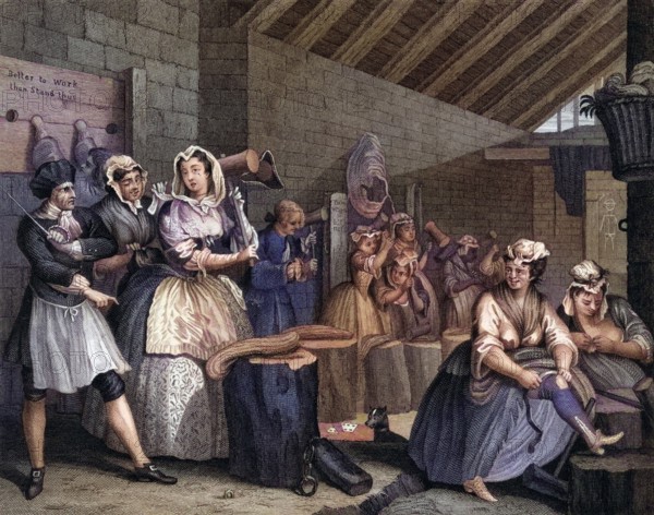The Harlots Progress Scene in Bridewell From the original pictue by Hogarth from The Works of Hogarth published London 1833, Historisch, digital restaurierte Reproduktion von einer Vorlage aus dem 19. Jahrhundert, Record date not stated