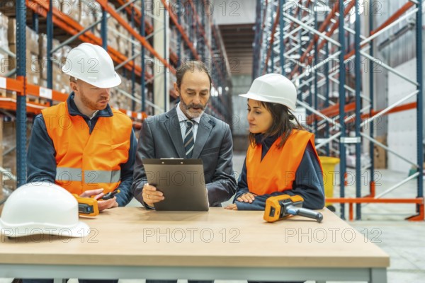 Warehouse manager presenting an inventory report on a clipboard while engaging with warehouse workers in a collaborative discussion