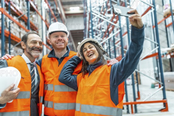 Happy warehouse workers and manager taking a selfie in a logistics center, celebrating success and teamwork