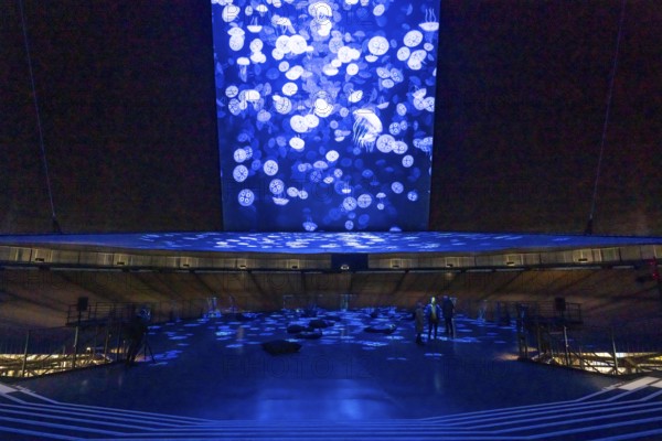 Plante Ozean exhibition in the Gasometer in Oberhausen, the world's oceans in their fragile beauty are the focus of the new exhibition, large-format photos, exhibits including a whale skeleton and an immersive large-scale video and sound installation, The Wave, on a 40 metre high screen measuring over 1000 square metres in total can be seen, Oberhausen, Germany, Europe