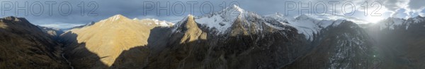 Schafkogel and Querkogel, glacier Schlaf Ferner, evening mood, Niedertal with three thousand metre peaks, Alpine panorama, aerial view, mountains in Ötztal, Ötztal Alps, Tyrol, Austria, Europe
