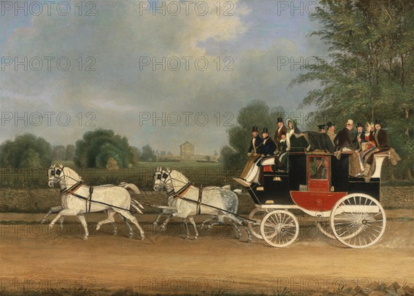 The London-Faringdon carriage passes Buckland House, Berkshire, 1835, England, Historic, digitally restored reproduction from a 19th century original, Record date not stated
