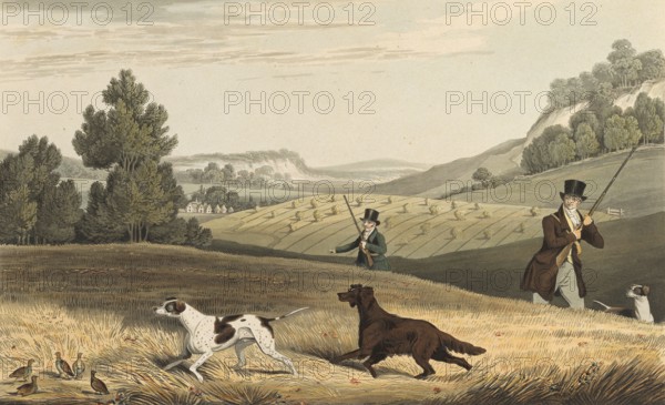 Partridge hunting in England, 1822, Historical, digitally restored reproduction from a 19th century original, Record date not stated