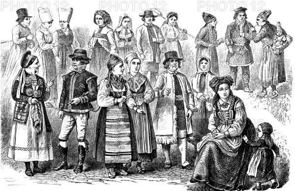 Folk costumes in the different regions of Sweden, illustration from 1880 / Volkstrachten in den verschiedenen Regionen von Schweden, Illustration aus 1880, Historisch, digitale Reproduktion einer Originalvorlage aus dem 19. century