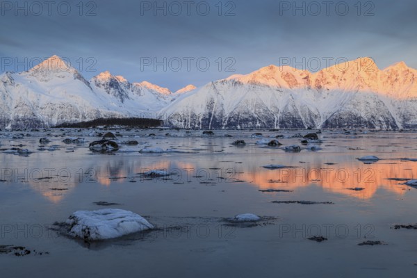 Morning light, mountains, snowy, reflection, sea, coast, fjord, winter, Lyngen Alps, Norway, Europe