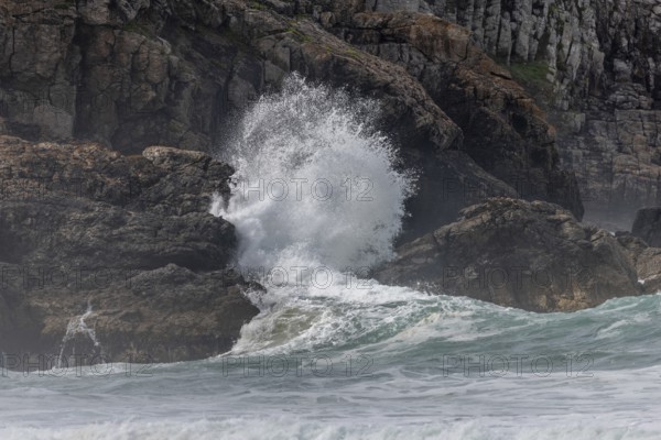 Large waves of the Atlantic Ocean crash against the rocks of a cliff. Camaret sur mer, Crozon, Finistere, Brittany, France, Europe