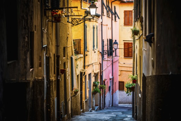 Alley with colourful houses, city, Mediterranean, urban, tourism, travel, architecture, in Piombino, Tuscany, Italy, Europe