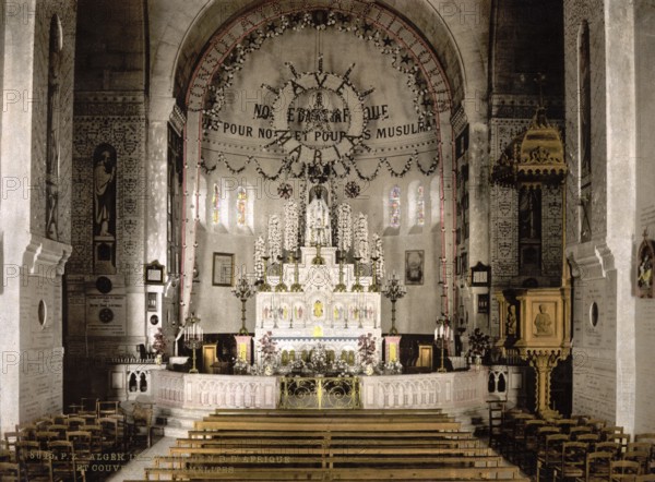 Interior of Notre Dame d'Afrique, Basilica of Our Lady of Africa, a Roman Catholic Marian pilgrimage church and basilica minor, Algiers, Algeria, ca 1890, Historical, digitally restored reproduction from a 19th century original, Record date not stated, Africa