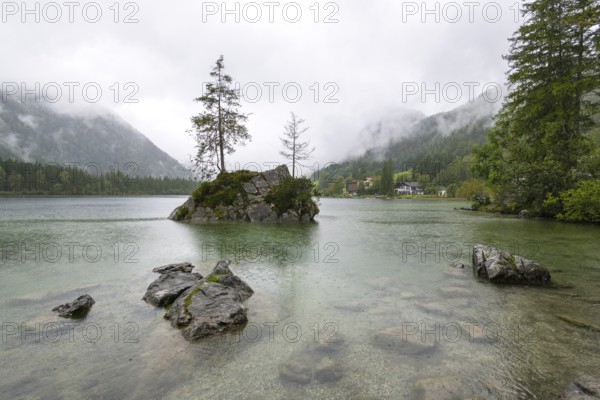 Hintersee near Ramsau, surrounded by forests and mountains under a cloudy rainy sky, fog, Berchtesgaden National Park, Berchtesgadener Land, Upper Bavaria, Bavaria
